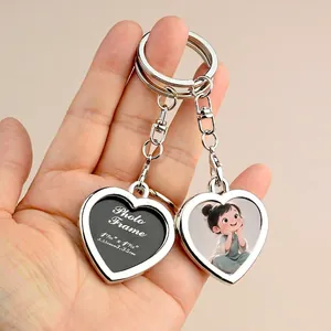 Macro shot of silver heart-shaped photo frame keychain showing internal frame dimensions