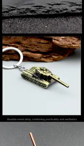 Detailed macro view of a vintage bronze metal tank keychain with industrial textured finish