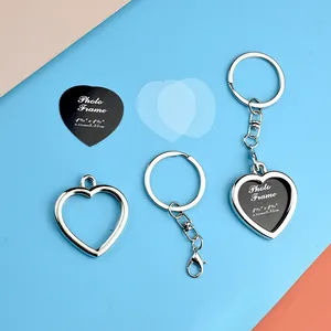 Silver heart photo frame keychain with lobster clasp and transparent cover set