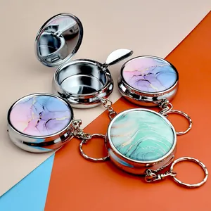 Portable Mini Metal Ashtray Keychain With Lid Round Marble Pattern Cigarette Holder Mirror Case For Travel Outdoor Gift