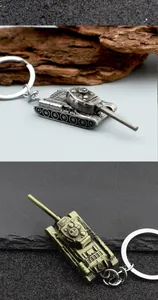 Detailed close-up of vintage metal tank keychains in silver and bronze finish