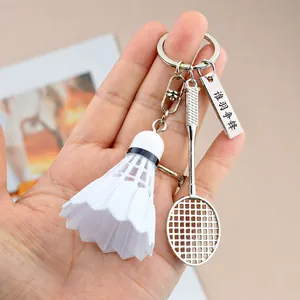 Creative shuttlecock and metal racket keychain set with engraved silver sports tag