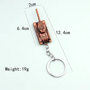 Vintage bronze metal tank model keychain for men with 12.4cm total length and 19g weight