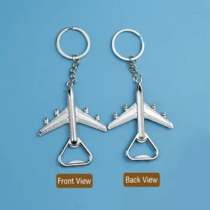 Airplane shaped zinc alloy keychain bottle opener showing front and back views in silver
