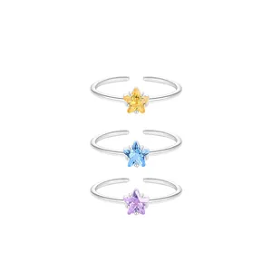 S925 Sterling Silber Ring Set verstellbar mit gelben blauen und lila Stern Kristallen