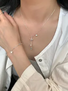 Detailed view of S925 silver starfish and pearl pendant necklace with shell charm