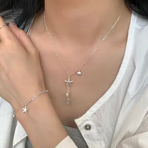 S925 Sterling Silver Sea Star Shell Necklace And Bracelet For Women Ocean Beach Minimalist Jewelry With Pearl Blue Zirconia