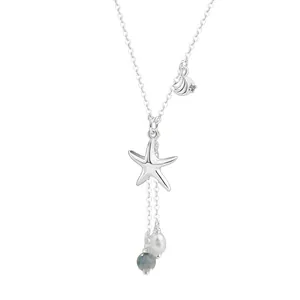 S925 silver necklace with starfish shell and pearl pendants in a sea theme design