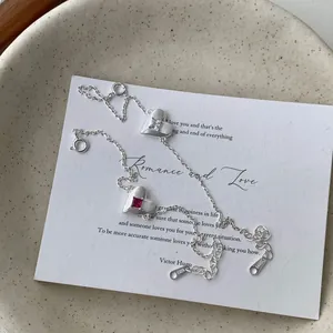 S925 Sterling Silver Heart Bracelet For Women Minimalist Brushed Metal Zirconia Inlaid Romantic Sweet Jewelry Gift Pink White