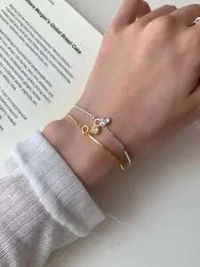 Detail of silver and gold snake bone bracelets with round zircon pendants on a book