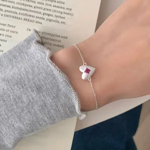 S925 sterling silver heart bracelet with a sparkling pink square gemstone for women