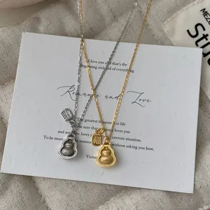 S925 Sterling Silver Gourd Pendant Necklace Women Vintage Neo-Chinese Style Fu Character Luck Gold Silver Plated Jewelry