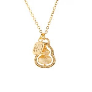 Golden S925 silver Wu Lou necklace with Fu character pendant on minimalist white background
