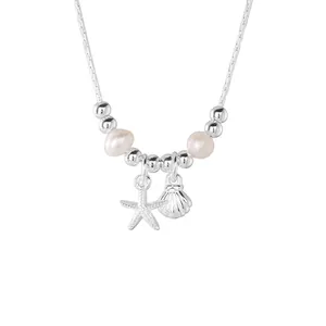 Elegant S925 sterling silver starfish shell necklace with natural pearls and silver beads