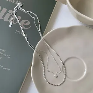 Collana a Doppio Strato in Argento Sterling 925 per Donna Minimalista Perla Rotonda Disco Paillettes Catena Choker Elegante Gioielli Regalo