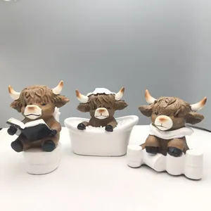 Funny Highland Cow bathroom resin figurines set reading on toilet and in bathtub