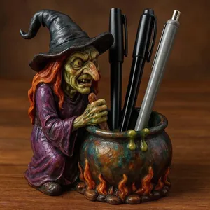 Gothic witch cauldron pen holder made of resin for magical Halloween desk organization
