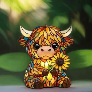 Luce notturna a forma di mucca Highland stile Tiffany con girasole per decoro casa