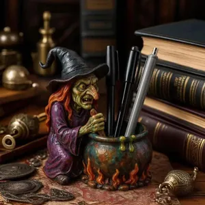 Witch Cauldron Pen Holder Sculpture for Desk, Hand-Painted Resin Wizard Pencil Cup