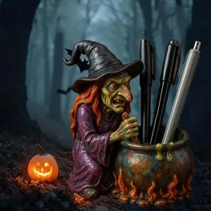 Detail of a witch cauldron pen holder with a bat hat and orange hair in a spooky forest
