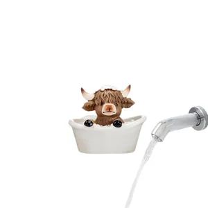 Highland cow figurine in a bathtub with bubbles, cute resin desktop home decor