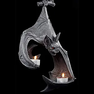 Gothic bat wall tealight holder in dark grey resin with red eyes for Halloween decor