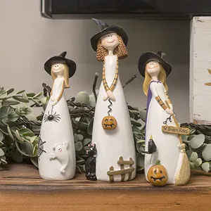 Halloween Witch Statue Resin Ornament Cute Pumpkin Ghost Cat Figurine For Home Desktop Tabletop Festive Decoration Gift