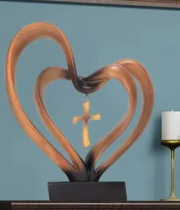 Detailed wood texture of intertwined hearts with cross on a stable black base