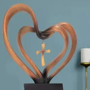 Modern double heart wooden style cross ornament for prayer room and office desk decor