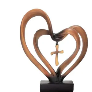 Modern intertwined heart desktop ornament with a cross, wood-grain finish resin decor