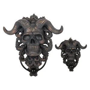 Resin punk satanic ram skull wall hanging sculpture with metal ring door knocker