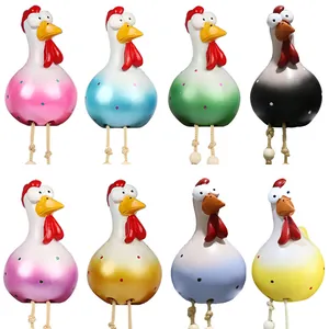 Detailed set of eight colorful resin garden chickens with big eyes and dangling rope legs