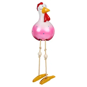 Funny resin garden chicken statue with long rope legs and polka dot pattern detail
