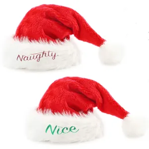 Classic plush red Christmas hats with white pom poms and Naughty and Nice embroidery