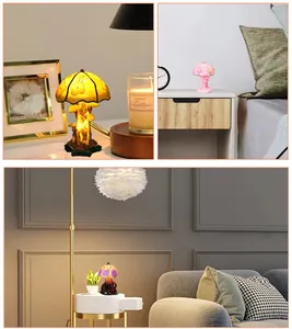 European vintage mushroom table lamps in floral, pink embossed, and retro blue patterns