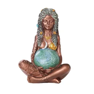 Artistic Gaia Mother Earth statue ornament with bronze finish and green leaf hair