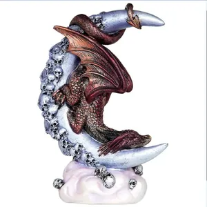 Halloween Gothischer Monddrache Figur Harz Schlafender Drache Statue Auf Totenkopf Sichelmond Dark Fantasy Wohnkultur Dekofigur
