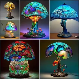 Creative Stained Glass Style Mushroom Night Light Resin Table Lamp For Bedside Desktop Decoration Home Decor Gift