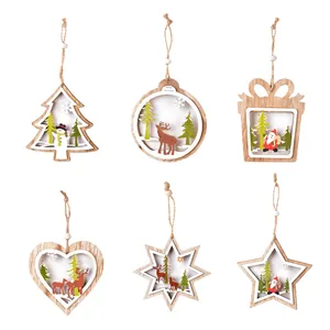 Set of 6 handcrafted wooden Christmas ornaments featuring stars, trees, and reindeer