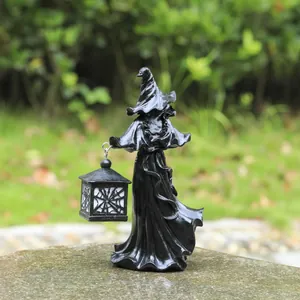 Γοτθικό Άγαλμα Μάγισσας Halloween από Ρητίνη Μάγος Εφιάλτης Με Φανάρι Ιστό Αράχνης Τρομακτική Φιγούρα Μαύρη Ρόμπα για Κήπο