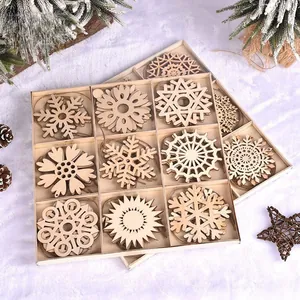 Wood Snowflake Ornaments For Christmas Tree Decoration Nordic Style Hollow Out Wood Slices With Twine For DIY Holiday Home Decor