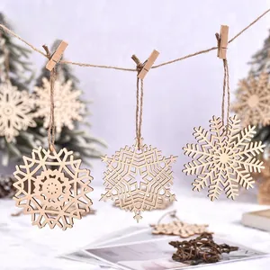 DIY Christmas snowflake wooden pendants with hemp ropes and clips for tree decoration