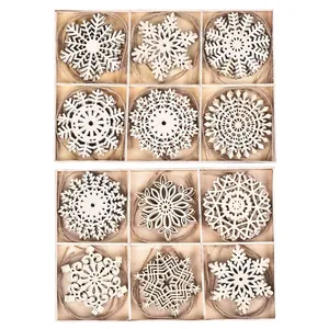 DIY unfinished wooden snowflake ornaments set for Christmas tree decor in a wood storage box