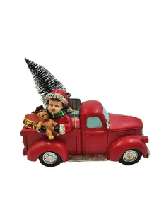Christmas Resin Red Truck Ornament Retro Santa Claus Snowman Reindeer Tree Decoration Snow Covered Desktop Figurine Holiday Decor