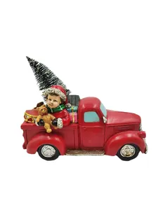 Detail of red vintage Christmas truck resin ornament with Santa kid and gifts