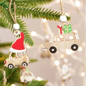 Nordic wooden Christmas tree pendants featuring mini cars with gifts and hemp rope
