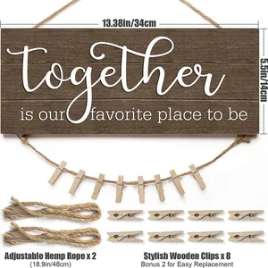 Wooden photo hanging frame with Together letter print and 10 small clips for home decor