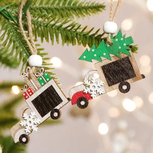 Nordic wooden Christmas truck ornaments with miniature gift boxes and trees on pine branches