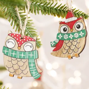 Nordic wooden owl Christmas tree ornaments with colorful patterns and rustic jute string