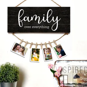 Vintage wooden family message board with hemp rope clips for wall photo display